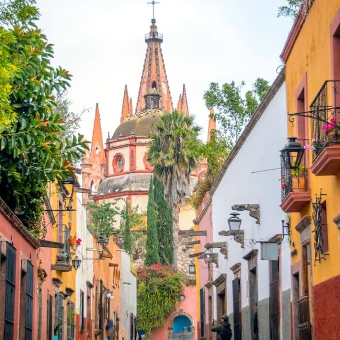 A narrow street in San Miguel de Allende, Mexico.